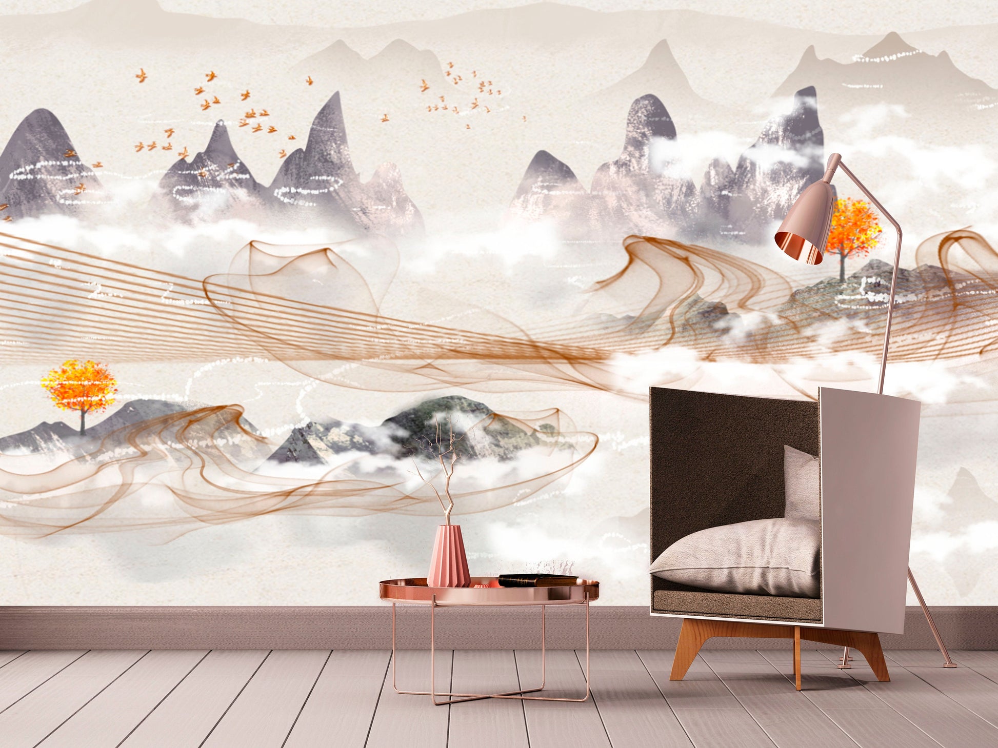 Large mountains self adhesive wallpaper, abstract nature peel and stick wall mural, removable rocks wallcovering, temporary accentual mural