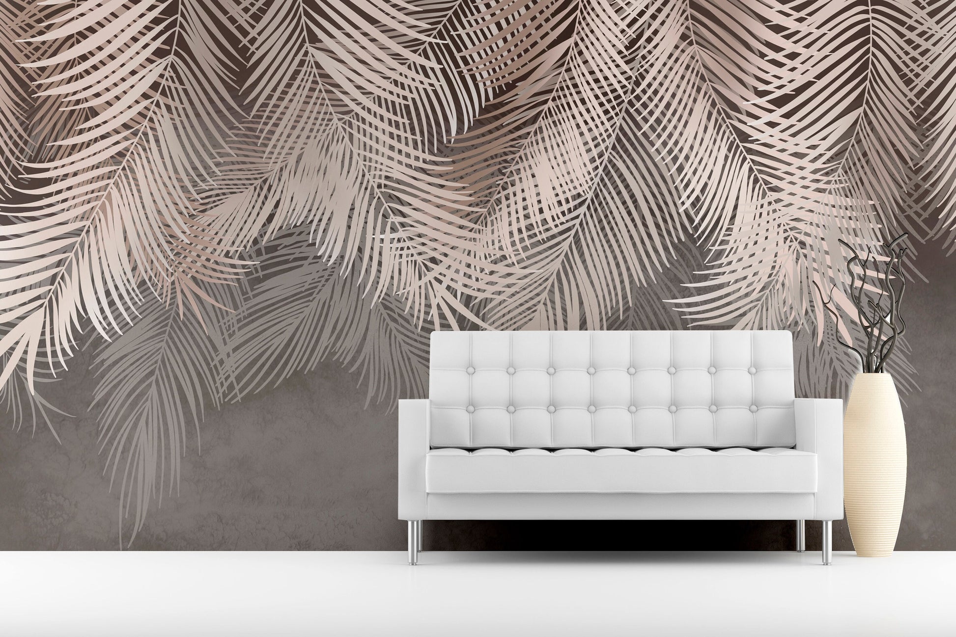 Tropical leaves self adhesive wall mural, large nature peel and stick wallpaper, accentual grey white wallcovering, removable wallpaper