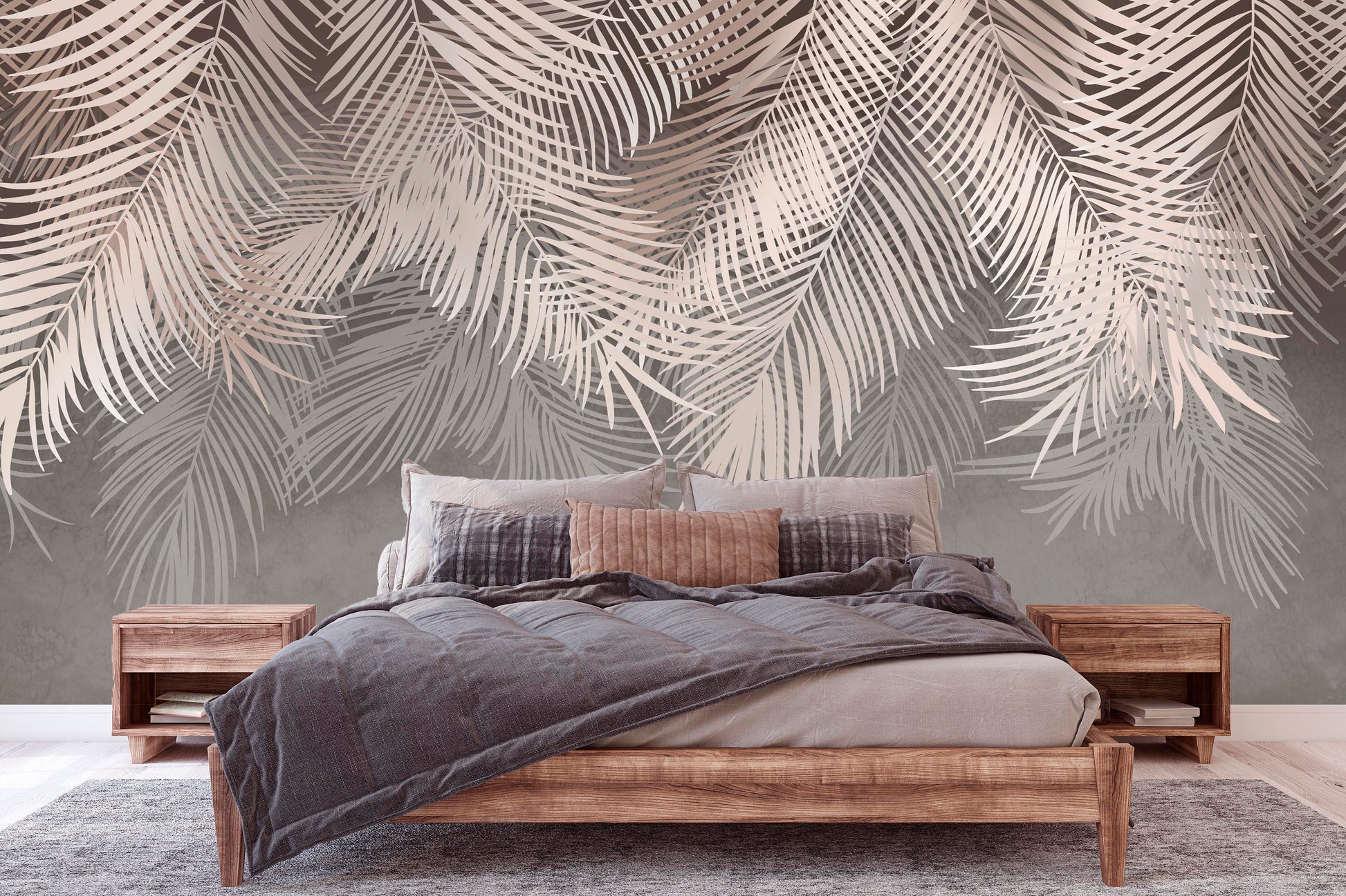 Tropical leaves self adhesive wall mural, large nature peel and stick wallpaper, accentual grey white wallcovering, removable wallpaper