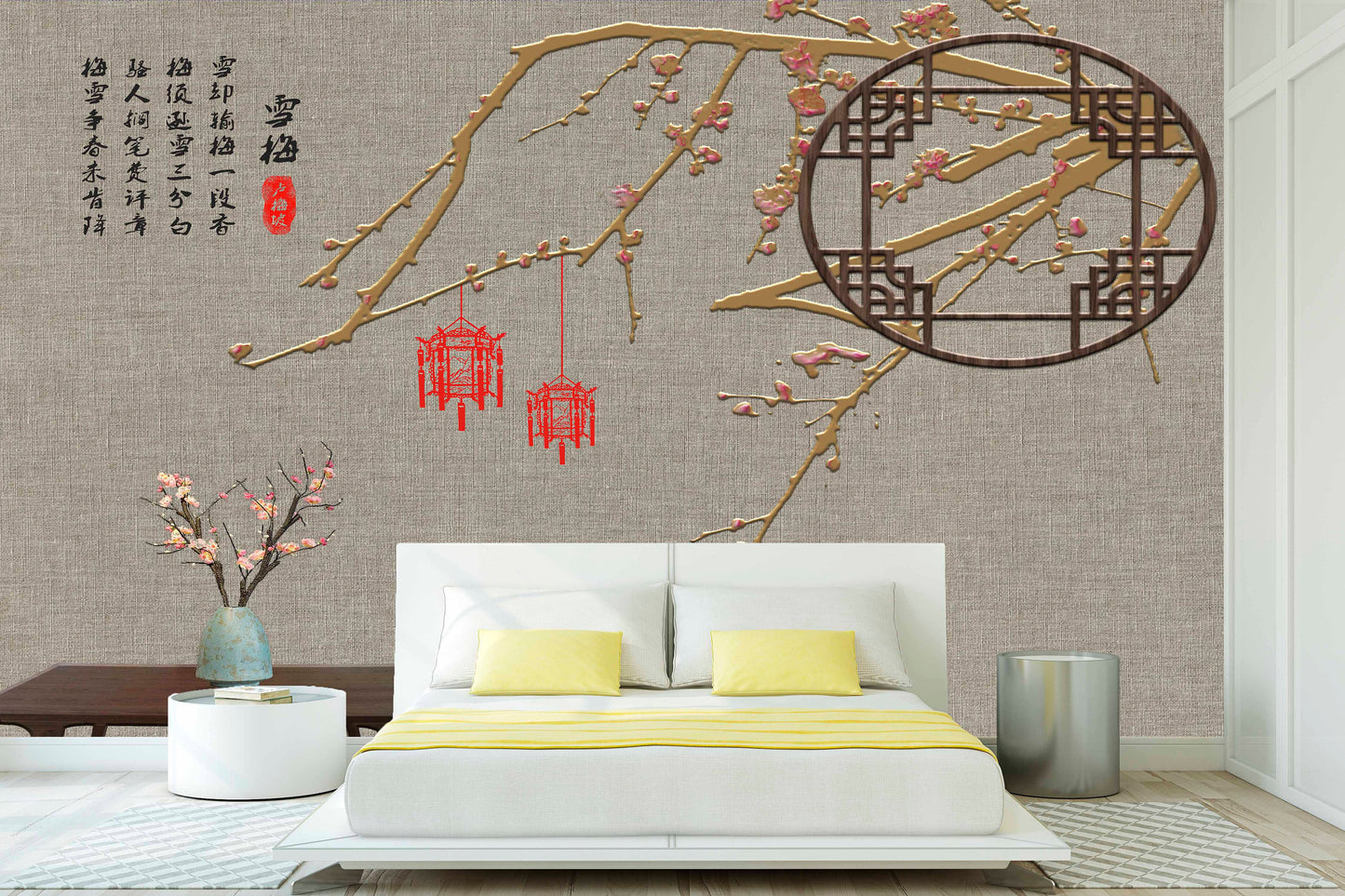 Extra large Japanese wallpaper, peel and stick Asian wall mural, self adhesive gray wallpaper with hieroglyphs, abstract oriental wall decal