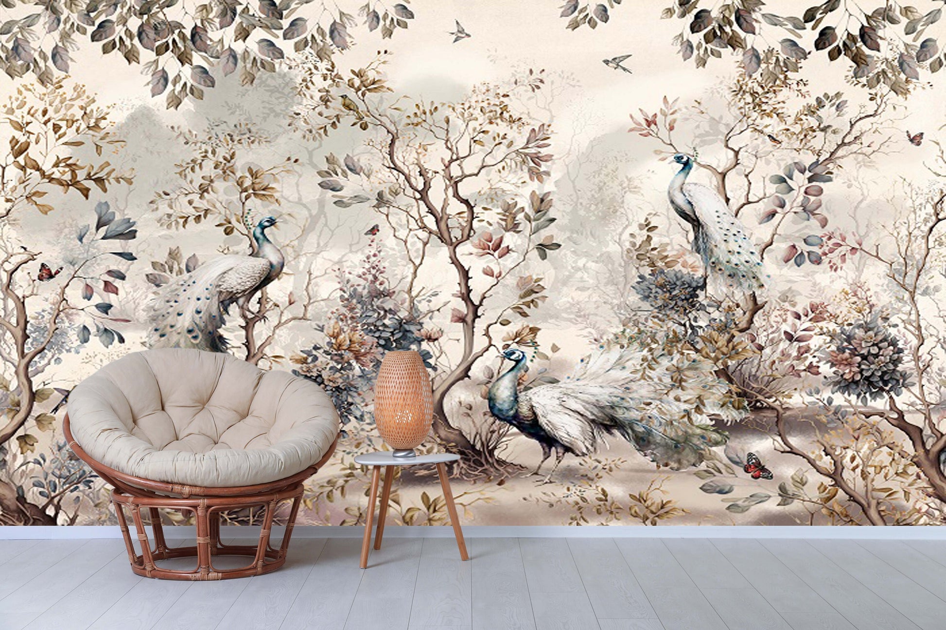 Botanical self adhesive wallpaper, peel and stick wall mural with peacocks, large accentual nature wallpaper, removable canvas wall mural