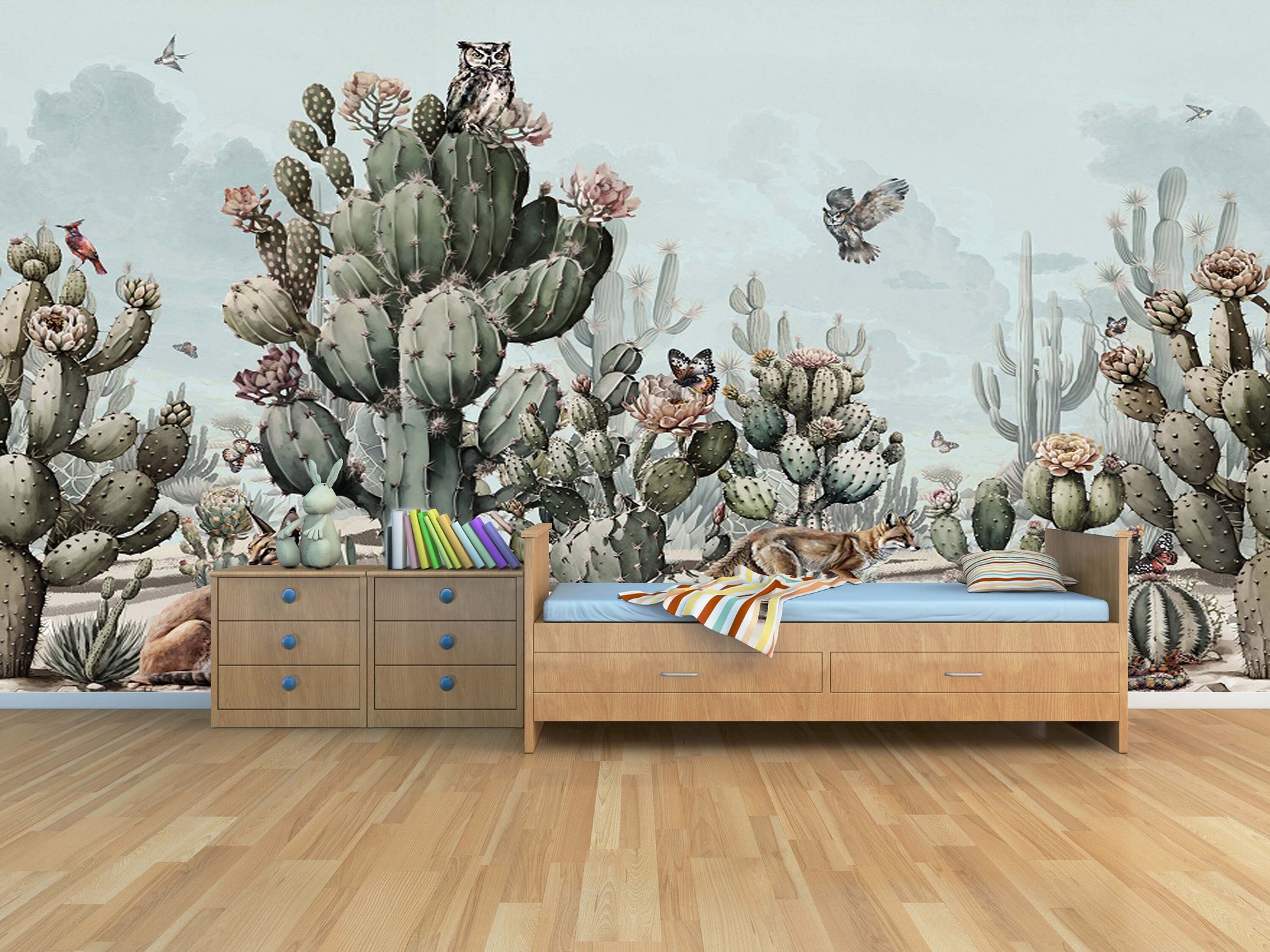 Cactus self adhesive wall mural, large tropical wallpaper, removable botanical wallpaper, accentual animals wallcovering, temporary mural