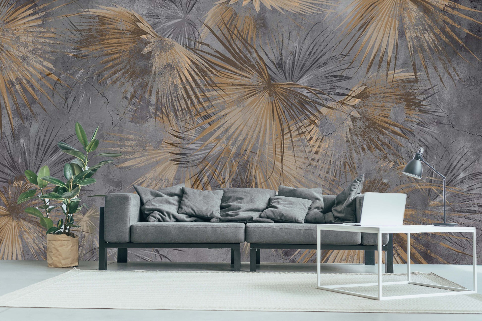 Leaves peel stick wallpaper, large abstract self adhesive wall mural, accentual botanical wallcovering, temporary tropical brown wallpaper