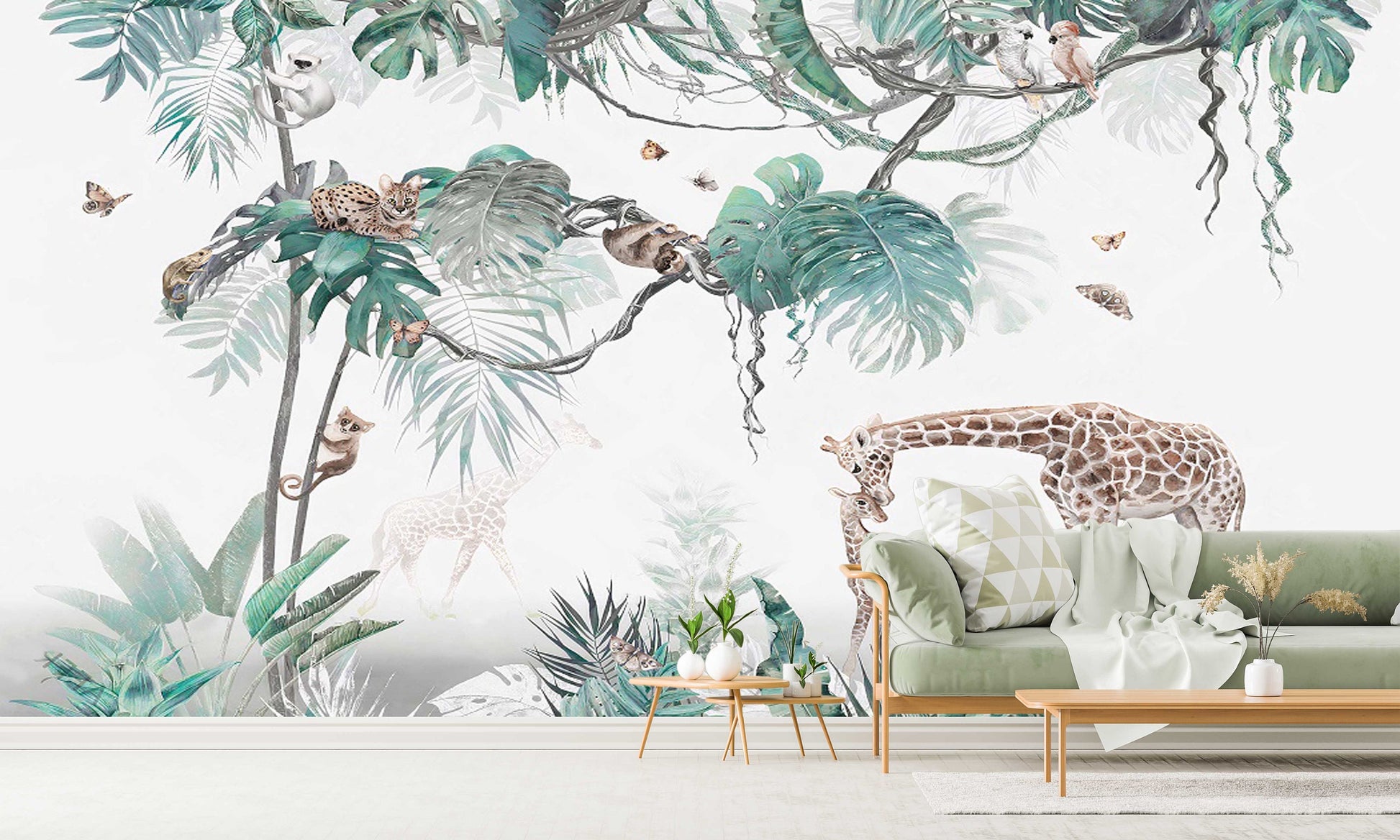 Tropical self adhesive wallpaper, animals peel and stick wall mural, accentual giraffe photo wallpaper, extra large leaves wallcovering