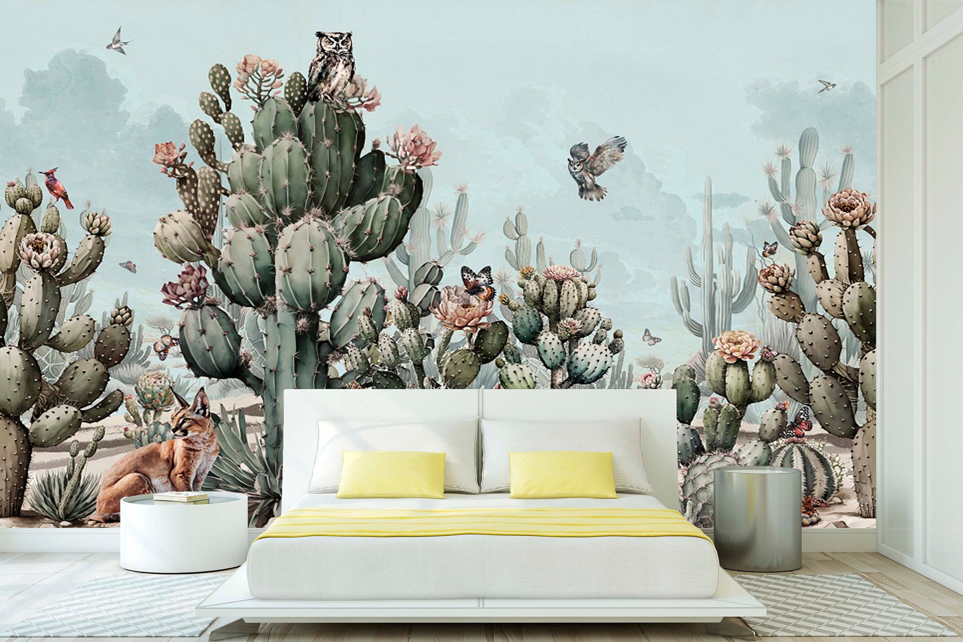 Cactus self adhesive wall mural, large tropical wallpaper, removable botanical wallpaper, accentual animals wallcovering, temporary mural