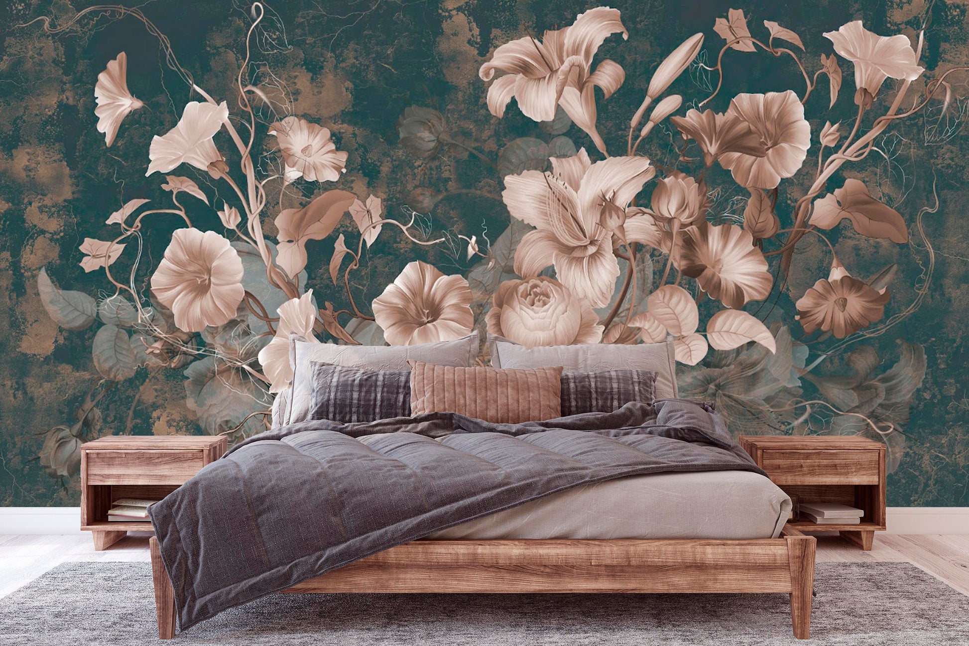 Extra large floral wallpaper, beige flowers self adhesive wall mural, dark floral peel and stick wallcovering, accentual canvas wallpaper