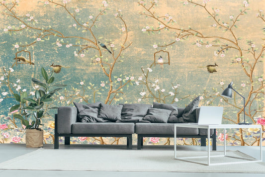 Extra large japanese wallpaper, peel and stick chinoiserie wall mural, self adhesive sakura blossom wallpaper, accentual botanical wallpaper