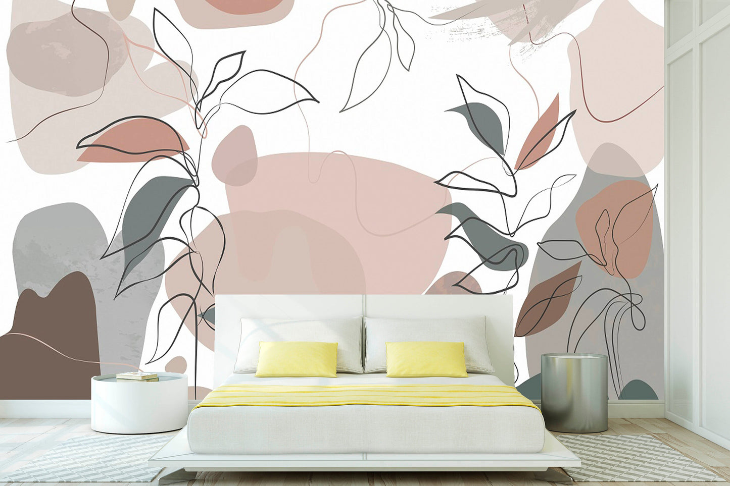 Extra large abstract self adhesive wallpaper, botanical peel and stick wall mural, accentual grey pink wallpaper, removable canvas wallpaper