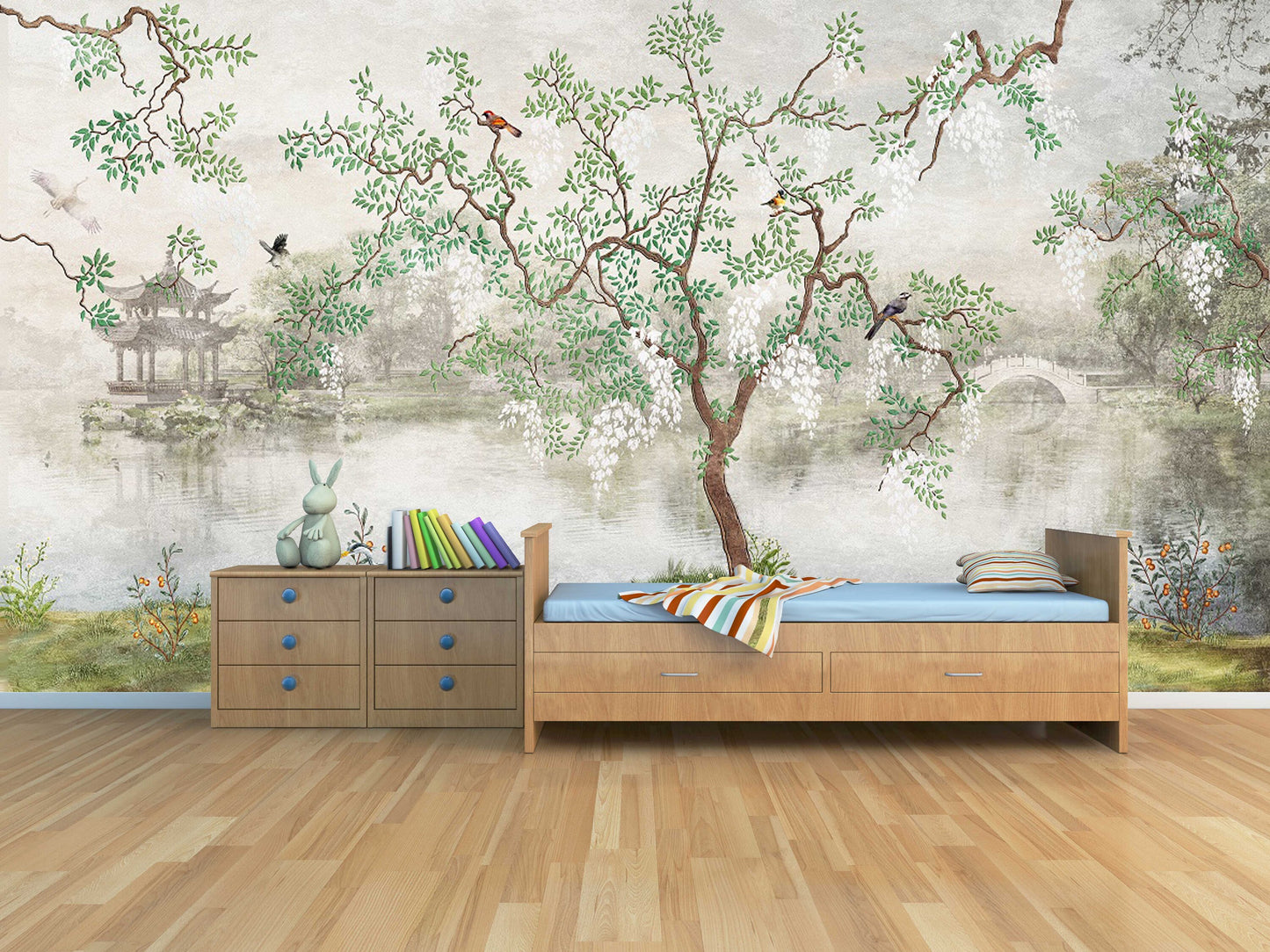 Large botanical peel and stick wallpaper, self adhesive Japanese wall mural, removable Asian canvas wallpaper, temporary nature wall mural