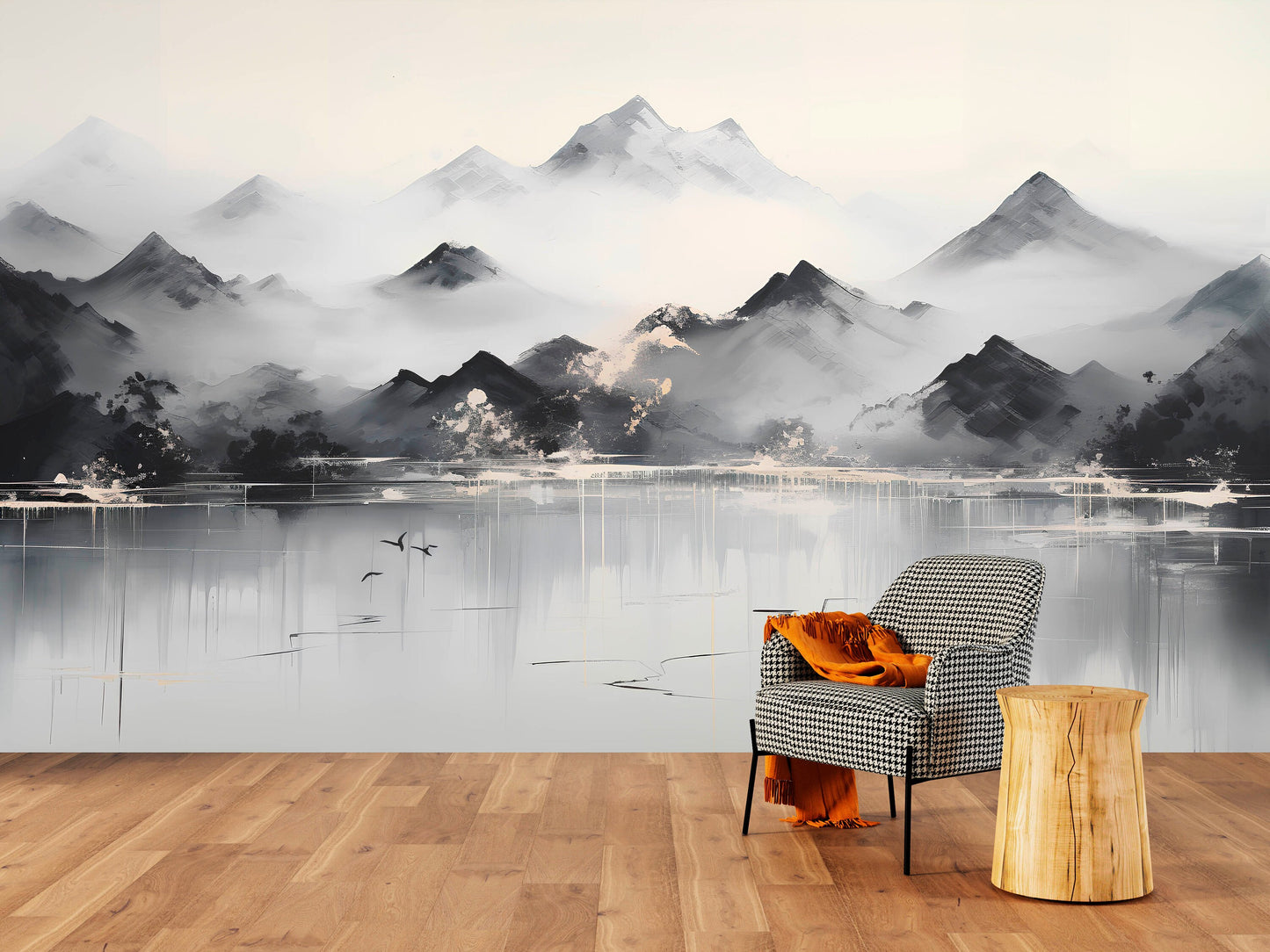 Smoky mountains self adhesive wallpaper, extra large landscape wall mural, astract peel and stick wallpaper, temporary white black mural